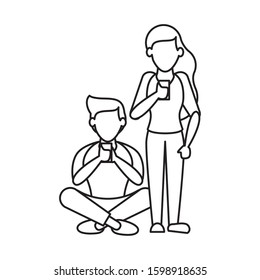 young couple using smartphone avatars characters vector illustration design