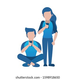 young couple using smartphone avatars characters vector illustration design