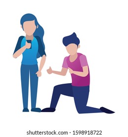 young couple using smartphone avatars characters vector illustration design