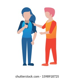 young couple using smartphone avatars characters vector illustration design