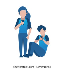 young couple using smartphone avatars characters vector illustration design