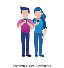 young couple using smartphone avatars characters vector illustration design