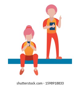 young couple using smartphone avatars characters vector illustration design