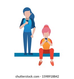 young couple using smartphone avatars characters vector illustration design