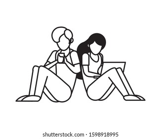 young couple using smartphone avatars characters vector illustration design