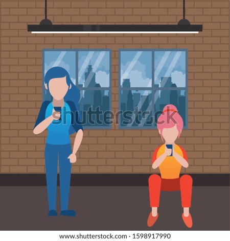 young couple using smartphone avatars characters vector illustration design