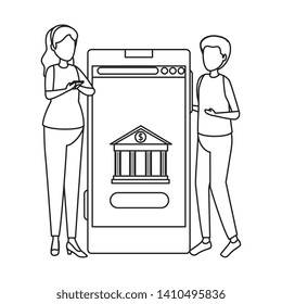 young couple using smartphone with bank building