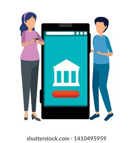 young couple using smartphone with bank building
