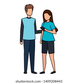 young couple using smartphone characters
