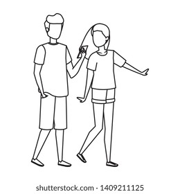 young couple using smartphone characters