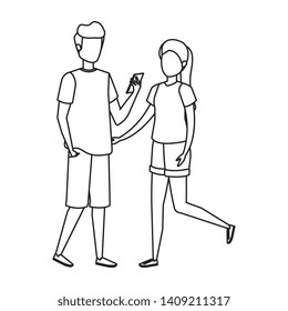 young couple using smartphone characters