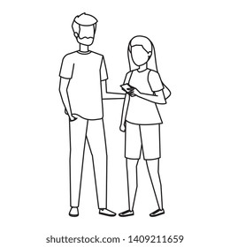 young couple using smartphone characters