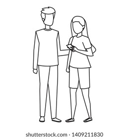 young couple using smartphone characters