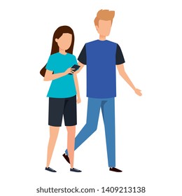young couple using smartphone characters