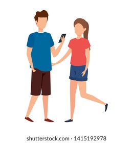young couple using smartphone characters