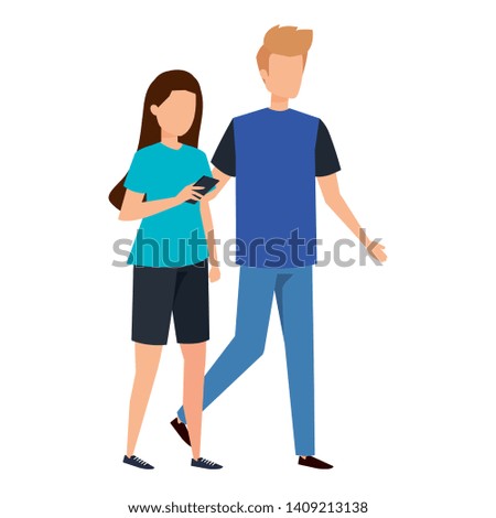 young couple using smartphone characters