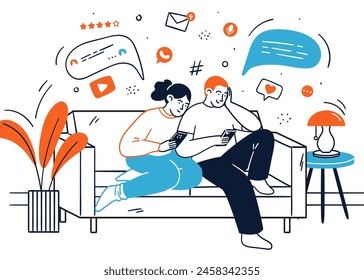 Young couple using smartphone for communication online sitting on sofa