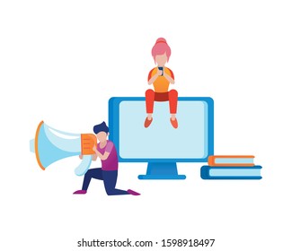 young couple using smartphone and desktop vector illustration design