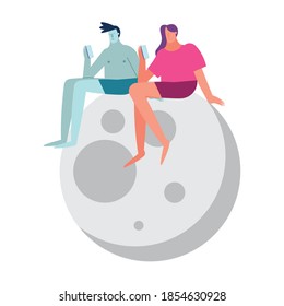 young couple using smartphone with imnsomia in the moon vector illustration design