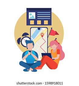 young couple using smartphone and laptop characters vector illustration design