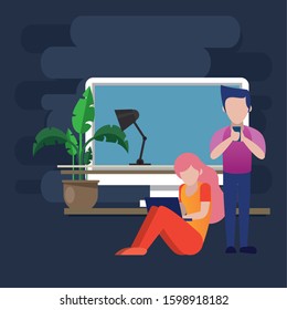 young couple using smartphone and laptop characters vector illustration design