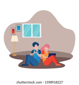 young couple using smartphone and laptop characters vector illustration design