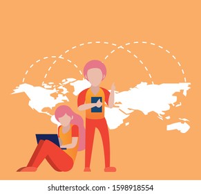 young couple using smartphone and laptop characters vector illustration design