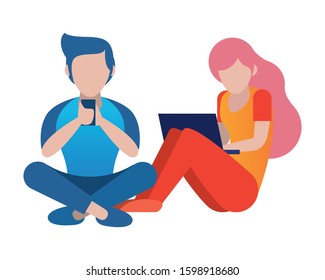 young couple using smartphone and laptop characters vector illustration design