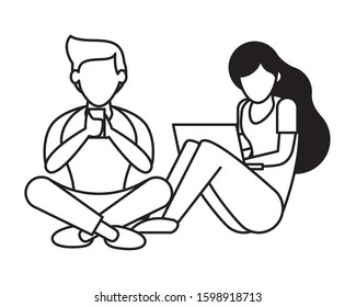 young couple using smartphone and laptop characters vector illustration design