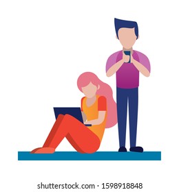 young couple using smartphone and laptop characters vector illustration design