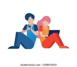 young couple using smartphone and laptop characters vector illustration design