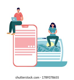young couple using smartphone in laptop connecting technology characters vector illustration design