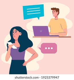 young couple using smartphone and laptop technology vector illustration design