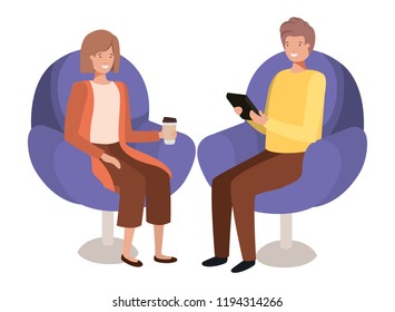 young couple using smartphone in the sofa