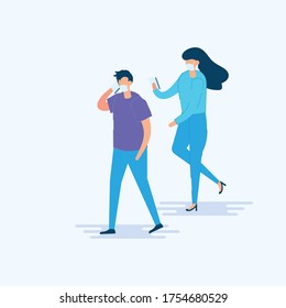 Young couple using smartphone and wearing medical mask to against covid-19. Concept of social media and corona virus.