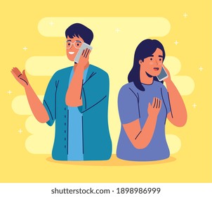 young couple using smartphones calling characters vector illustration design
