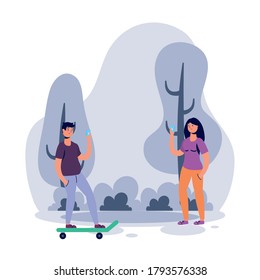 young couple using smartphones in skateboard vector illustration design