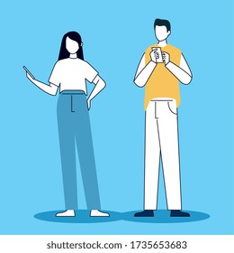 young couple using their smartphones vector illustration design