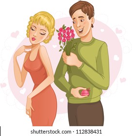 Young couple. A vector image of a cartoon couple. Man with bouquet and ring proposes a marriage to woman.