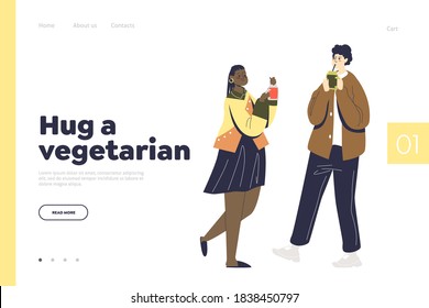 Junge Veganer oder Vegetarier trinken frisches Gemüse und Fruchtsmoothie zusammen. Hipster-Ernährungskonzept Flache Vorlage, Vektorgrafik