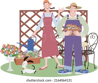 A young couple with a vegetable garden.vector illustration
