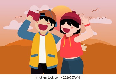 Young couple video call or selfie by smartphone, natur sunset in backtground, They take a picture with happiness, vector illustration