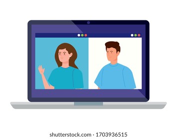 young couple in video conference in laptop vector illustration design
