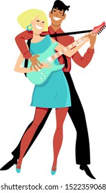 Young couple in vintage outfits playing a guitar, EPS 8 vector illustration