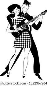  Young couple in vintage outfits playing a guitar, EPS 8 vector clip-art, no white objects