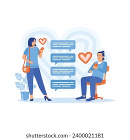 Young couple visiting online dating site on mobile phone screen. Men and women send and read messages to each other in text bubbles. online Dating concept. Trend Modern vector flat illustration