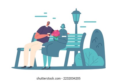 Young Couple in Vr Goggles Sitting on Bench in City Park. Romantic Relations in Virtual Reality, Love in Metaverse. Man and Woman Spend Time Together in Cyberspace. Cartoon Vector Illustration