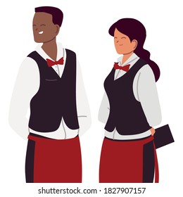 young couple of waiters in uniform vector illustration design