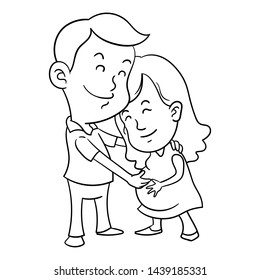 Young Couple waiting for baby born, Father hugged while rubbing the mother's tummy to feel the baby inside Coloring Book Cartoon Vector