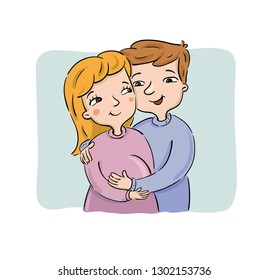 Young couple waiting for the newborn. Future father gently embraces pregnant wife, vector illustration
